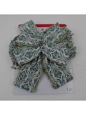 Celebrate It Christmas Tree Bow Clip Gold Trim Green White Damask Pattern Decor